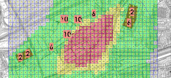 11 004 FIXOdour immission frequencie s [%] calculated by dispersion modelling (little squares, green >2.4 – 10%, yellow >10.4 – 15%, red >15.4%) and measured by a grid measurement