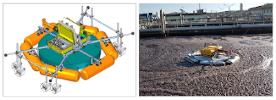 On the left, 3D view of LESSDRONE; on the right, LESSDRONE in the oxidation tank during a measurement.